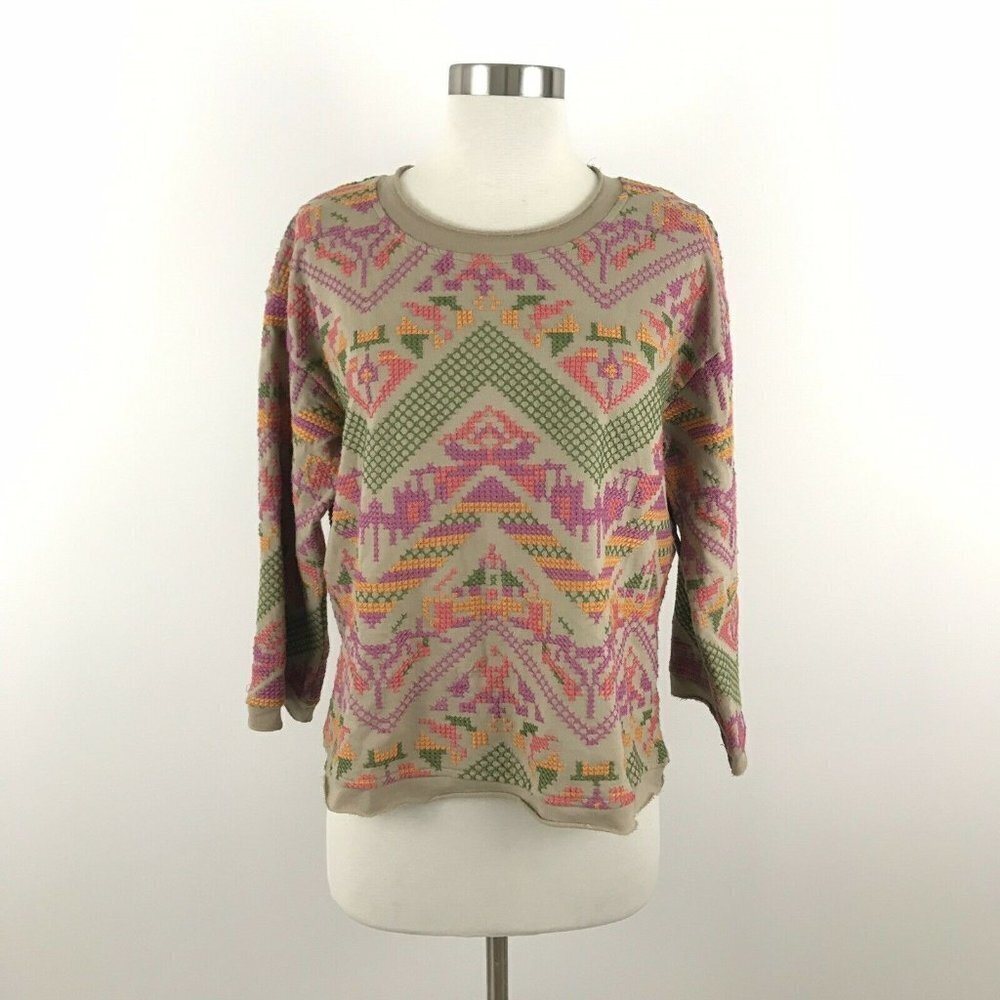 Sharon Young Womens Top XS Embroidered Aztec Pattern‎ Raw Hem 3/4 Sleeve NWT